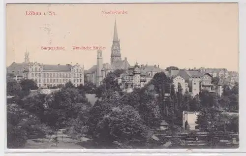 89270 AK Löbau in Sachsen - Nicolai-Kirche, Bürgerschule & Wendische Kirche 1915