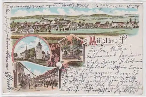 95389 Ak Lithographie Gruß aus Mühltroff Schloß, Kirche usw. 1910