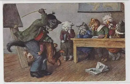 91772 Arthur Thiele Künstler Ak Katze "Lehrer züchtigt mit Rohrstock" um 1910