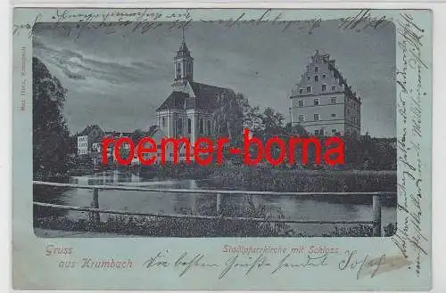 78077 Ak Gruss aus Krumbach Stadtpfarrkirche mit Schloss 1902