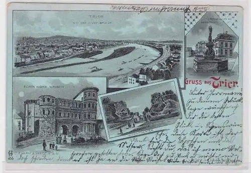 89372 AK Gruss aus Trier - Moselbrücke, Porta Nigra, Ampitheater, Petersbrunnen