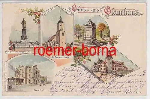77114 Ak Lithographie Gruß aus Glauchau Bahnhof, Kriegerdenkmal usw. 1906