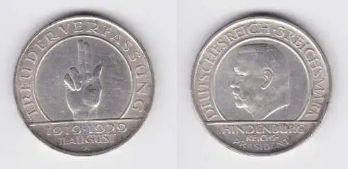 Silber Münze 3 Mark Verfassung "Schwurhand" 1929 A f.vz  (156205)