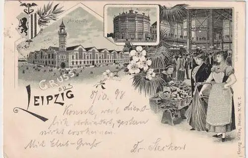 903776 Lithographie Ak Gruss aus Leipzig - Markthalle, Panorama 1898