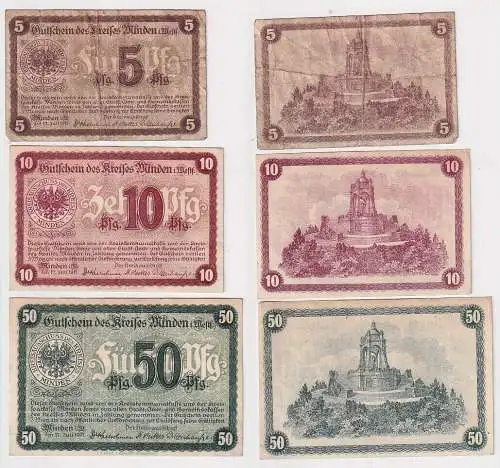 5, 10 und 50 Pfennig Banknoten Notgeld Stadt Minden 17.7.1917 (161165)