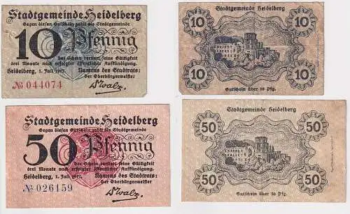 10 und 50 Pfennig Banknoten Notgeld Stadt Heidelberg 1.7.1917 (165711)
