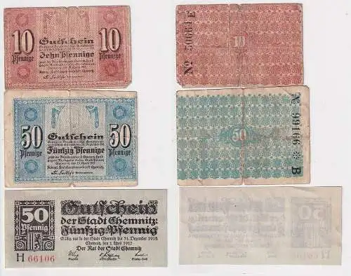 10,50 und 50 Pfennig Banknoten Notgeld Chemnitz 1. und 19.April 1917 (165753)