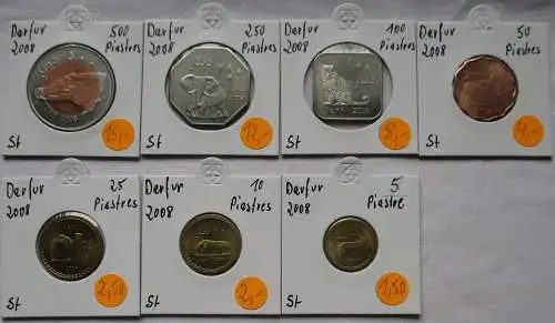 KMS Kursmünzsatz 7 Münzen Darfur Sudan 5 - 500 Piastre 2008 (123077)