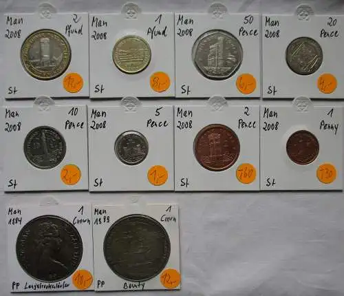 KMS Kursmünzsatz 10 Münzen Isle of Man 2008 1 Penny - 2 Pfund + 1 Crown (128629)