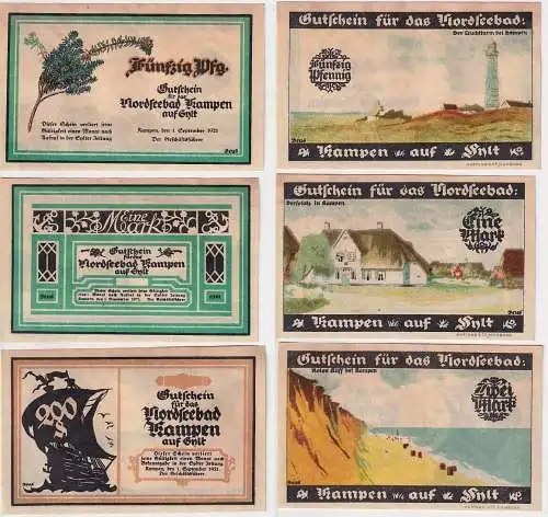 3 Banknoten Notgeld Gemeinde Kampen auf Sylt Kurverwaltung 1.9.1921 (165384)