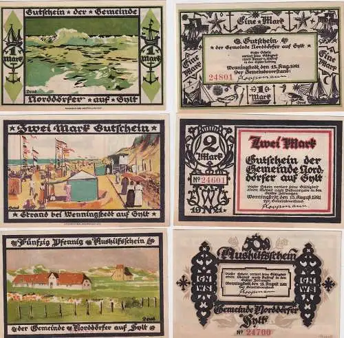 3 Banknoten Notgeld Gemeinde Norddörfer Sylt Wenningstedt 15.8.1921 (164221)