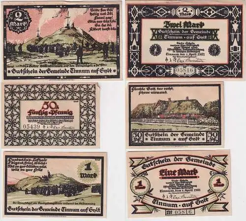 3 Banknoten Notgeld Gemeinde Tinnum auf Sylt 1.4.1921 (160154)