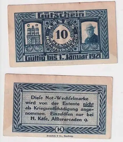 10 Pfennig Banknote Notgeld Hamburg H.Käse Alsterarcaden o.D.-1.1.1921 (161889)