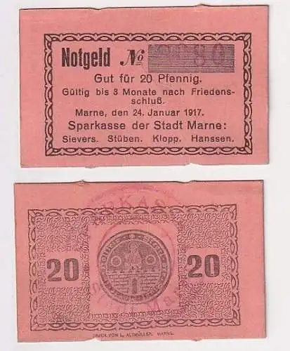20 Pfennig Banknote Notgeld Sparkasse des Stadt Marne 24.1.1917 (165484)