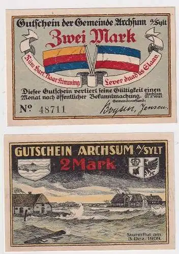 2 Mark Banknote Kriegsgeld Gemeinde Archsum auf Sylt 21.3.1921 (163491)
