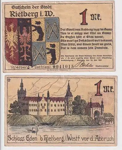 1 Mark Banknote Notgeld Stadt Rietberg i.W. 12.Mai 1921 (167169)