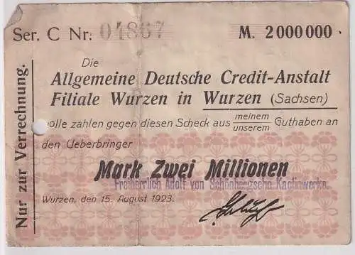 2 Millionen Mark Banknote allg. dt. Credit Anstalt Wurzen 15.8.1923 (166950)