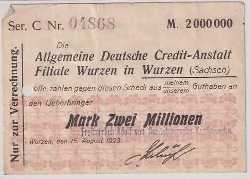 2 Millionen Mark Banknote allg. dt. Credit Anstalt Wurzen 15.8.1923 (166910)