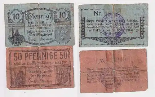 10 und 50 Pfennig Banknoten Notgeld Stadt Neisse Nysa 1917 (167249)
