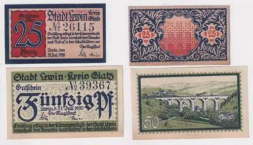 2 Banknoten Notgeld 25 & 50 Pfennig Stadt Lewin Kreis Glatz 1920 (166935)