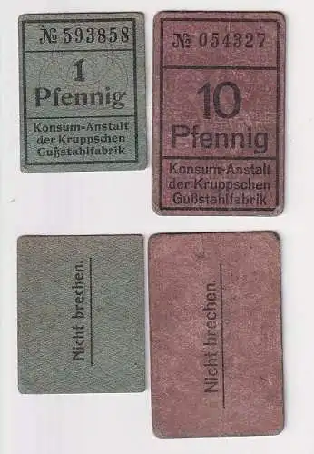 1 & 10 Pfennig Banknoten Konsum Anstalt der Kruppschen Gußstahlfabrik (167243)