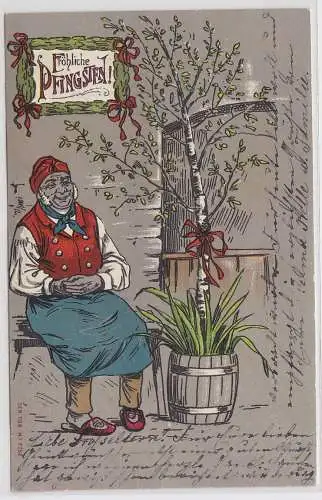 76583 Glückwunsch Ak Fröhliche Pfingsten - Mann auf Bank sitzt neben Birke 1904