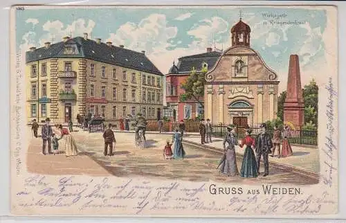 96212 Ak Lithographie Gruß aus Weiden Wiskapelle mit Kriegerdenkmal 1909