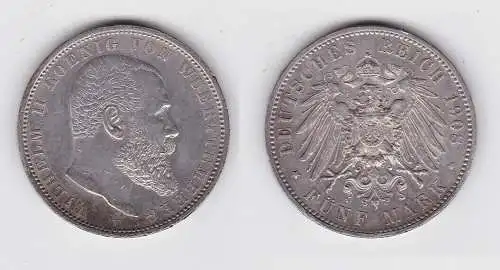 5 Mark Silber Münze Württemberg König Wilhelm II 1908 (105095)