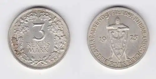 3 Mark Silber Münze 1000 Feier der Rheinlande 1925 A vz (156086)