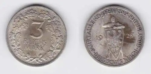 3 Mark Silber Münze 1000 Feier der Rheinlande 1925 A vz (156174)