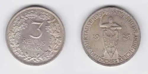 3 Mark Silber Münze 1000 Feier der Rheinlande 1925 A vz (156201)
