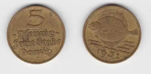 5 Pfennig Messing Münze Danzig 1932 Flunder ss (156318)