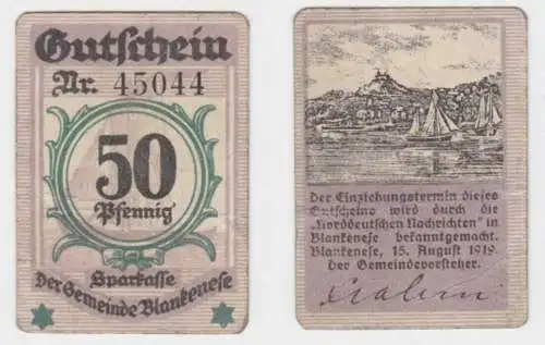 50 Pfennig Banknote Notgeld Sparkasse der Gemeinde Blankenese 15.8.1919 (156289)