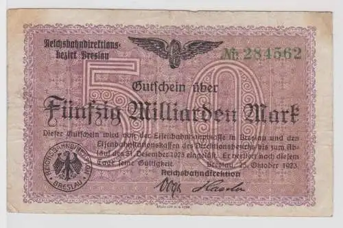50 Milliarden Mark Banknote Breslau Reichsbahndirektion 25.10.1923 (103965)