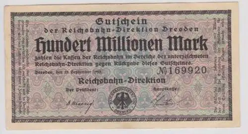 100 Millionen Mark Banknote Dresden Reichsbahndirektion 25.09.1923 (106085)