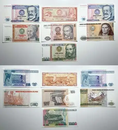 7 Banknoten 10 bis 1000 Intis Peru bankfrisch UNC (154834)