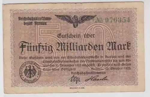 50 Milliarden Mark Banknote Breslau Reichsbahndirektion 25.10.1923 (118578)