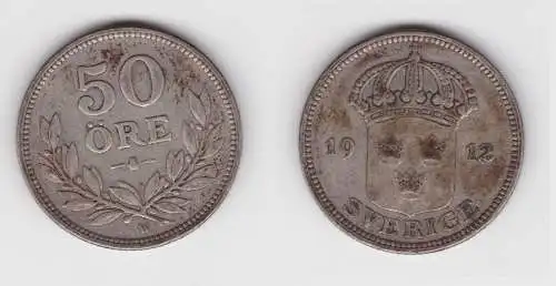 50 Öre Silber Münze Schweden 1912 ss+ (155603)