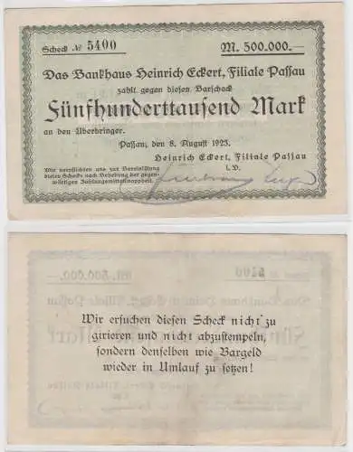 500000 Mark Banknote Inflation Notgeld Bankhaus Eckert Passau 8.8.1923 (134005)