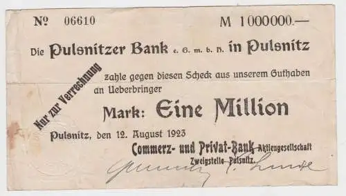 1 Million Mark Banknote Pulsnitz Commerz- & Privatbank 12.8.1923 (154252)