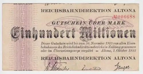 100 Millionen Mark Banknote Reichsbahndirektion Altona 1.10.1923 (115745)