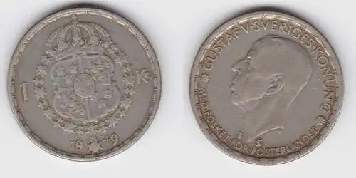 1 Krone Silber Münze Schweden 1949 (156251)