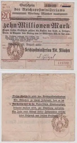 10 Millionen Mark Banknote Reichspostministerium München 22.8.1923 (115988)