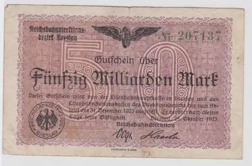 50 Milliarden Mark Banknote Breslau Reichsbahndirektion 25.10.1923 (103816)