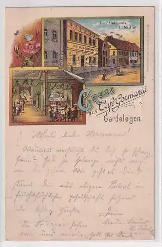 906565 Ak Lithographie Gruß aus Café Germania Gardelegen 1898