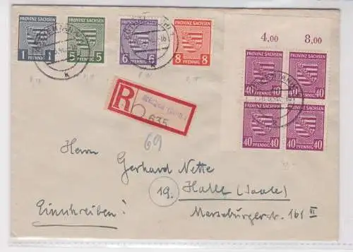 907538 Einschreibebrief SBZ Köthen Viererblock Eckrand nach Halle 1946
