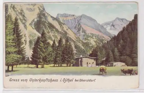 66502 Ak Gruß vom Unterkunftshaus im Ojthal bei Oberstdorf um 1900