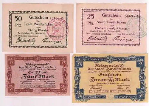 4 Banknoten Kriegsnotgeld Stadt Zweibrücken 1917/1918 (108659)