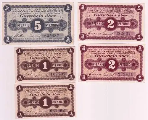 2 x 1, 2 x 2 & 5 Pfennig Banknoten Notgeld Ammoniakwerk Merseburg (160776)