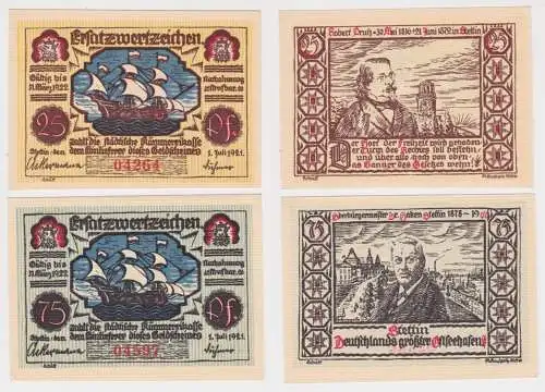 25,50 & 2 x 75 Pfennig Banknoten Ersatzwertzeichen Stadt Stettin 1921 (162063)